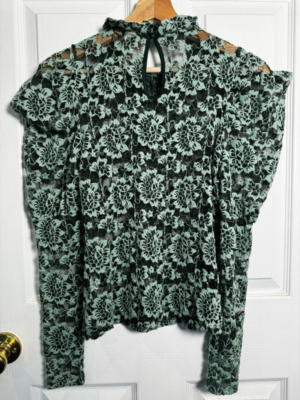 Anthropologie Dolan Lace Blouse XS Green Sheer Floral Ruffle Neck Romantic Top - Picture 13 of 13